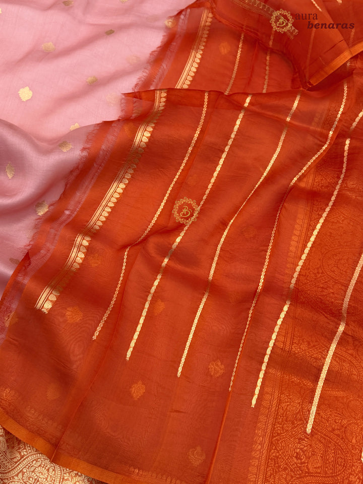Peach Pure Kora Silk Banarasi Saree with Kadhwa Butis – Aura Benaras