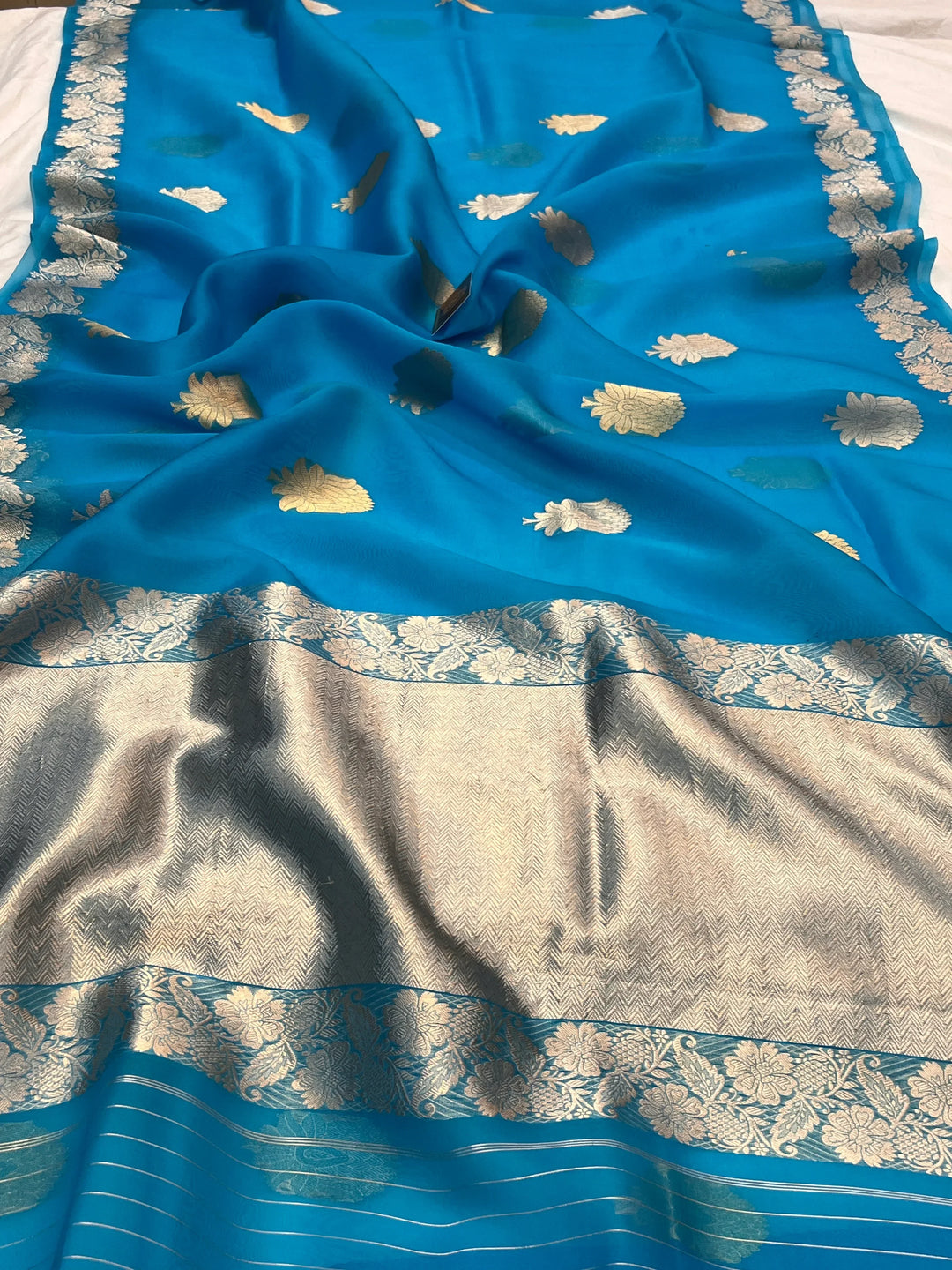 Sky Blue Pure Kora Silk Handloom Banarasi Saree