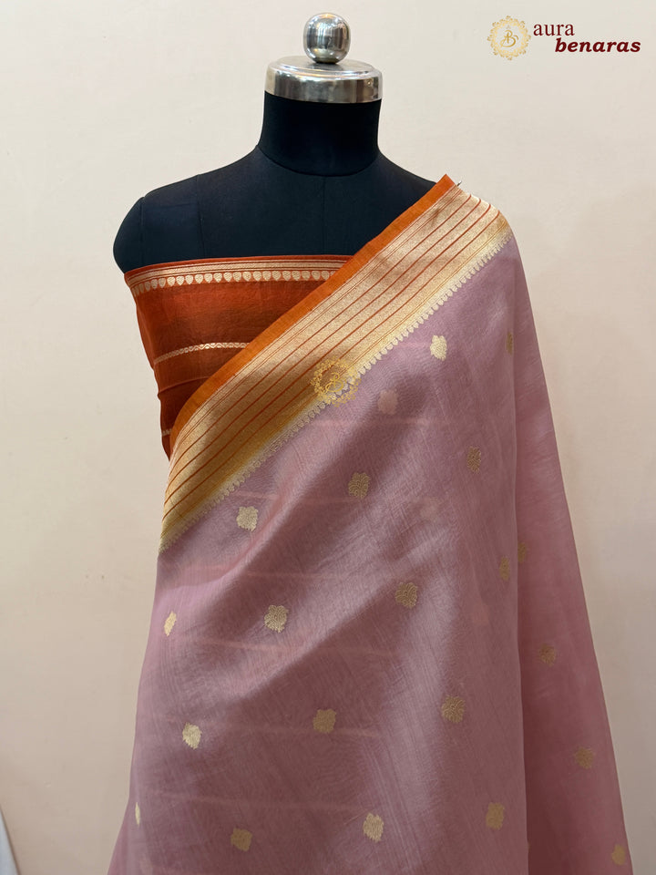 Peach Pure Kora Silk Banarasi Saree with Kadhwa Butis – Aura Benaras