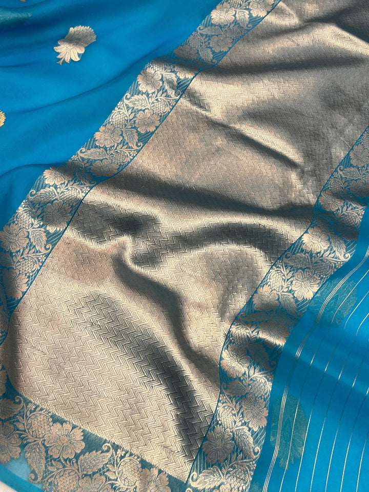 Sky Blue Pure Kora Silk Handloom Banarasi Saree