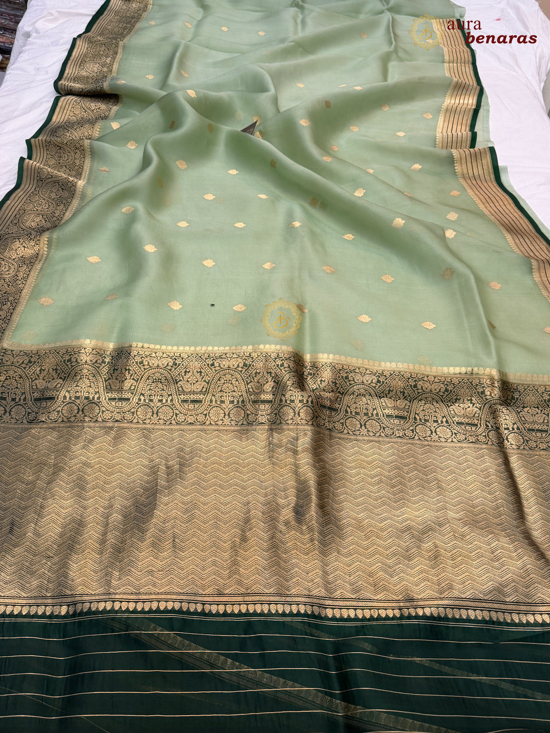 Light Pista Green Pure Kora Silk Banarasi Saree with Kadhwa Butis – Aura Benaras