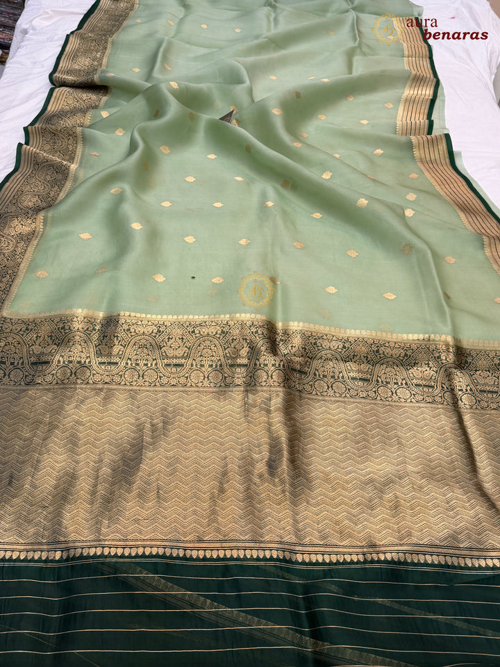 Light Pista Green Pure Kora Silk Banarasi Saree with Kadhwa Butis – Aura Benaras
