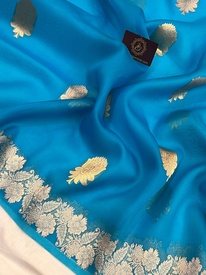 Sky Blue Pure Kora Silk Handloom Banarasi Saree