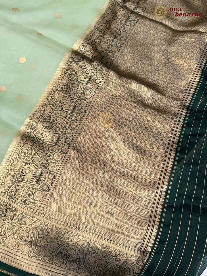 Light Pista Green Pure Kora Silk Banarasi Saree with Kadhwa Butis – Aura Benaras