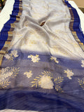 Bluish Grey Banarasi Handloom Kora Silk Saree - Aura Benaras