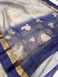 Bluish Grey Banarasi Handloom Kora Silk Saree - Aura Benaras