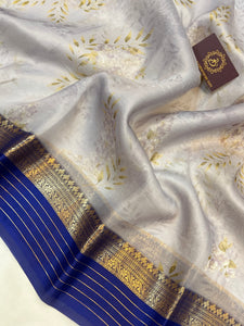 Bluish Grey Banarasi Handloom Kora Silk Saree - Aura Benaras