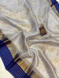 Bluish Grey Banarasi Handloom Kora Silk Saree - Aura Benaras