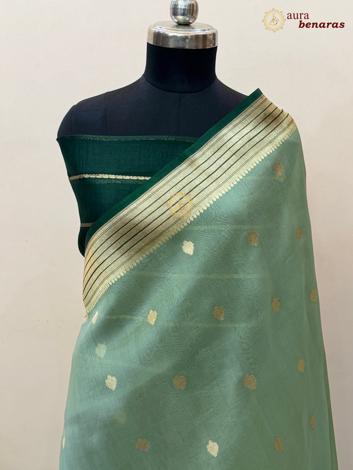 Light Pista Green Pure Kora Silk Banarasi Saree with Kadhwa Butis – Aura Benaras