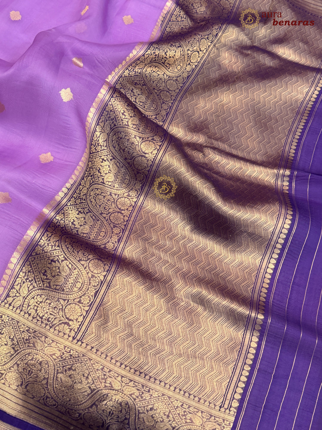 Lavender Pure Kora Silk Banarasi Saree with Kadhwa Butis – Aura Benaras