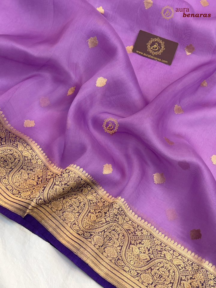 Lavender Pure Kora Silk Banarasi Saree with Kadhwa Butis – Aura Benaras