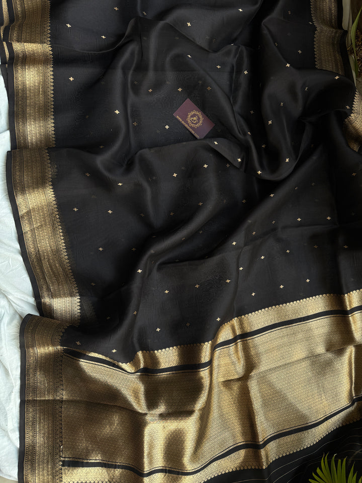 Black Pure Kora Silk Banarasi Saree with Zari Butis & Border