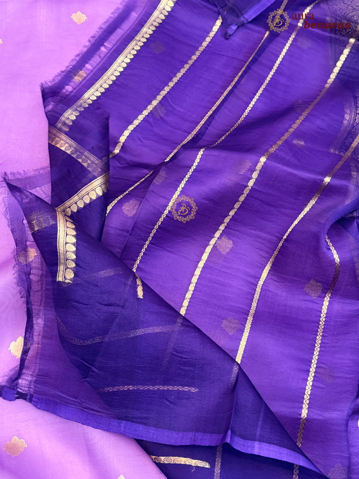 Lavender Pure Kora Silk Banarasi Saree with Kadhwa Butis – Aura Benaras