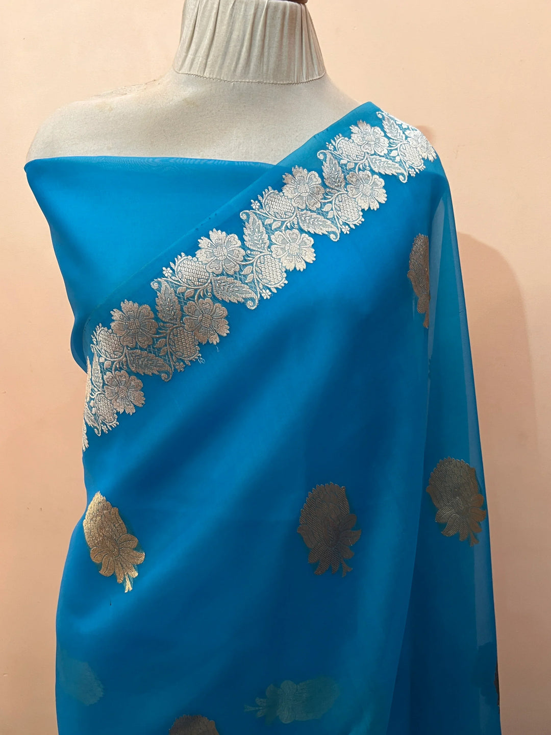 Sky Blue Pure Kora Silk Handloom Banarasi Saree