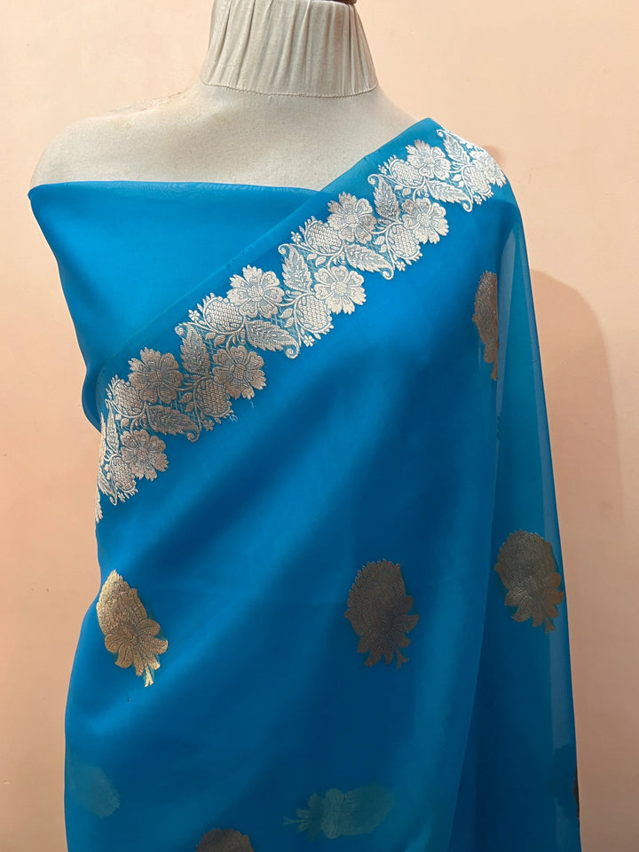 Sky Blue Pure Kora Silk Handloom Banarasi Saree
