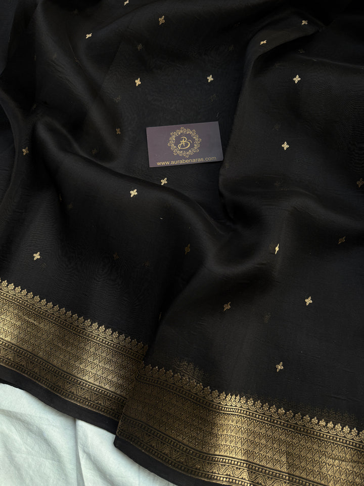 Black Pure Kora Silk Banarasi Saree with Zari Butis & Border