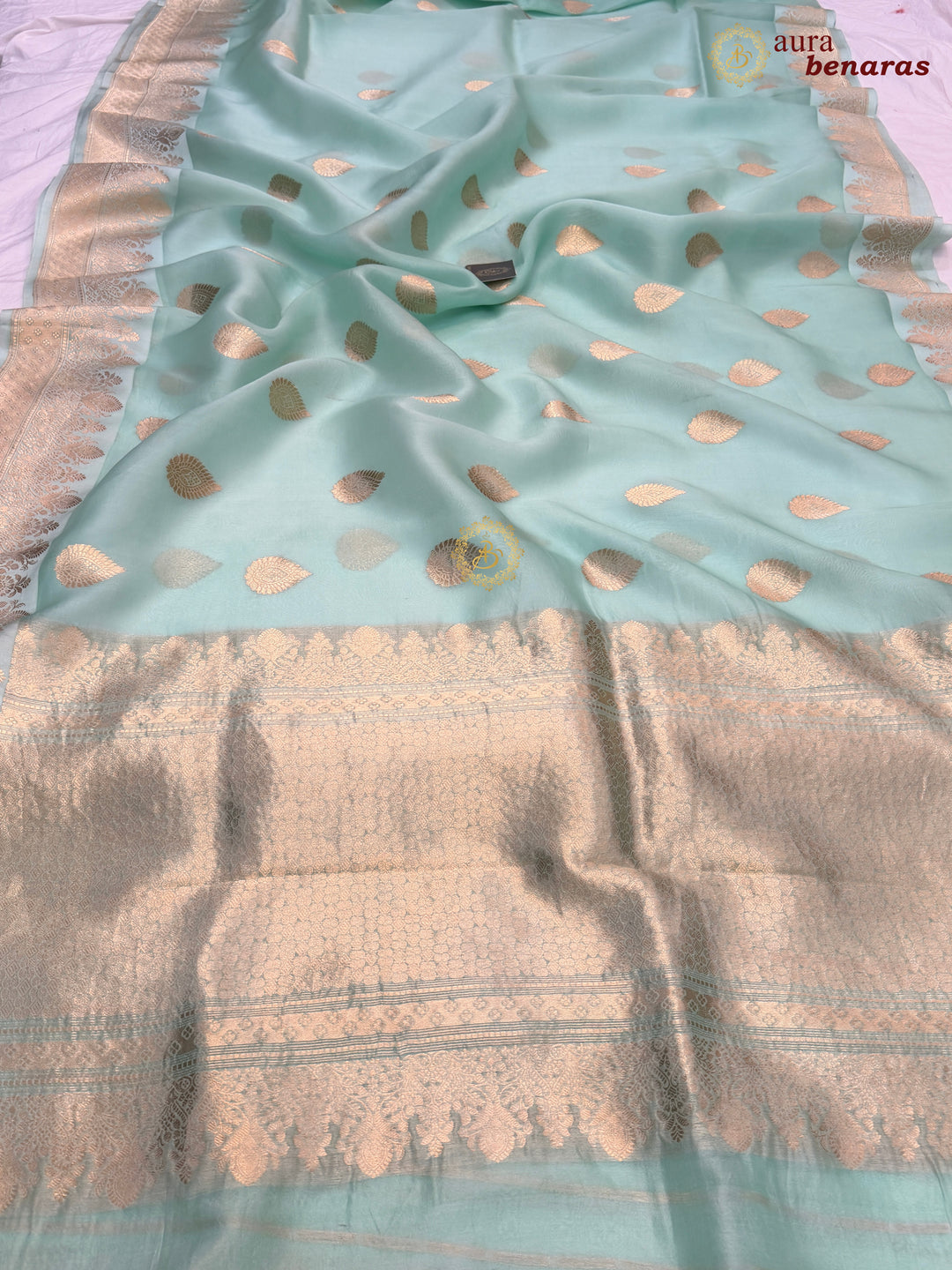 Mint Green Pure Kora Silk Banarasi Saree with Zari Butas & Border