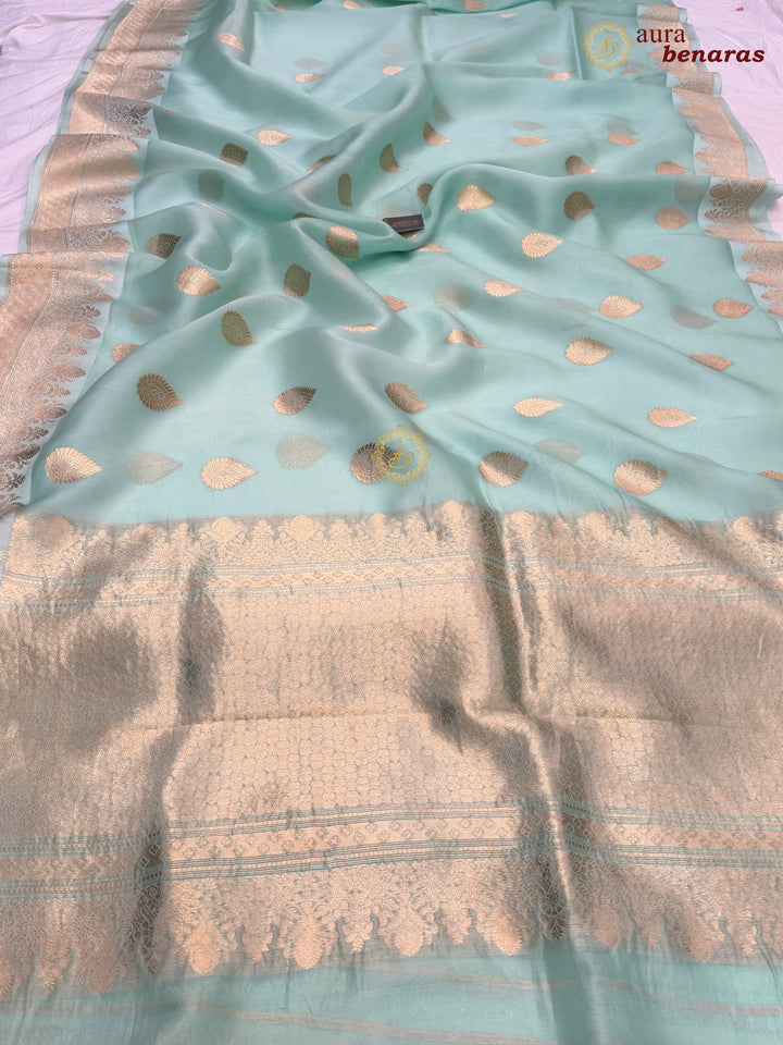Mint Green Pure Kora Silk Banarasi Saree with Zari Butas & Border