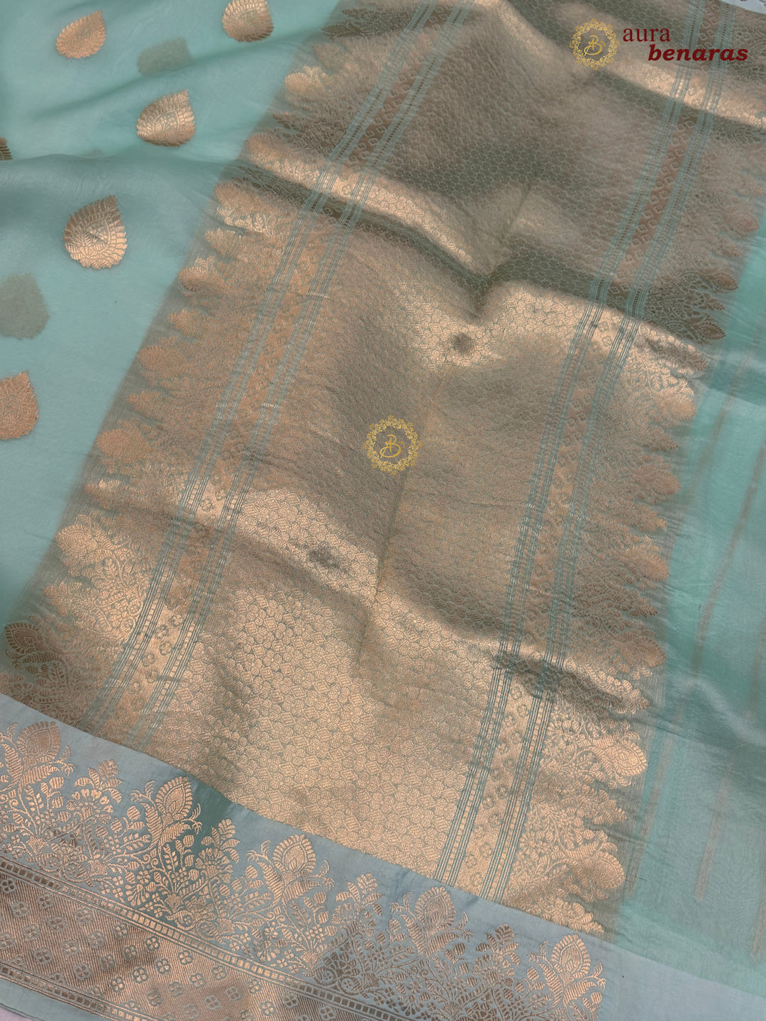 Mint Green Pure Kora Silk Banarasi Saree with Zari Butas & Border