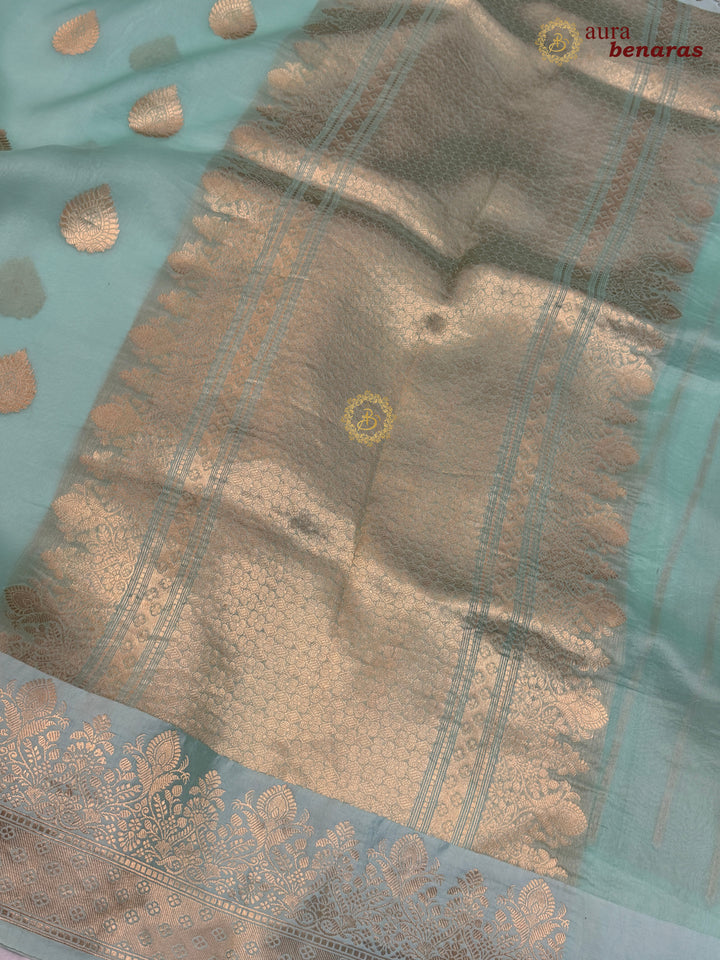 Mint Green Pure Kora Silk Banarasi Saree with Zari Butas & Border
