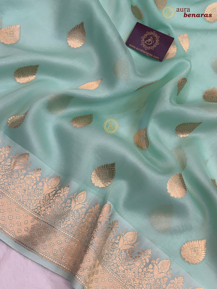 Mint Green Pure Kora Silk Banarasi Saree with Zari Butas & Border