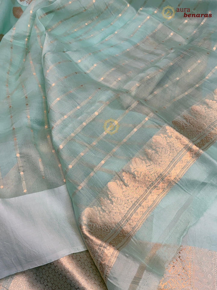 Mint Green Pure Kora Silk Banarasi Saree with Zari Butas & Border