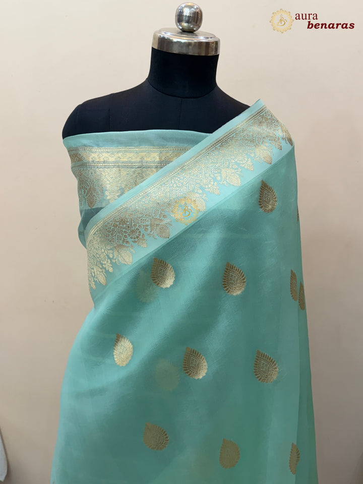 Mint Green Pure Kora Silk Banarasi Saree with Zari Butas & Border