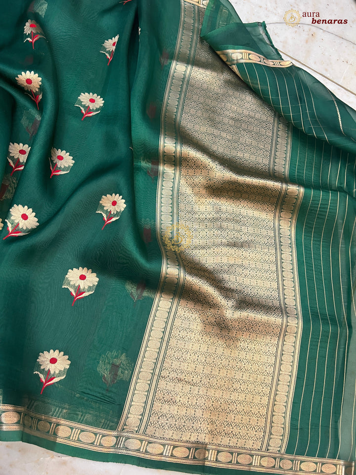 Bottal Green Kora Silk Banarasi Saree with Kadhwa Zari & Meenakari