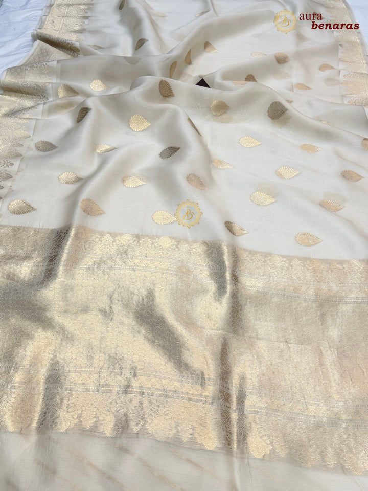 Cream Pure Kora Silk Banarasi Saree with Zari Butas & Border