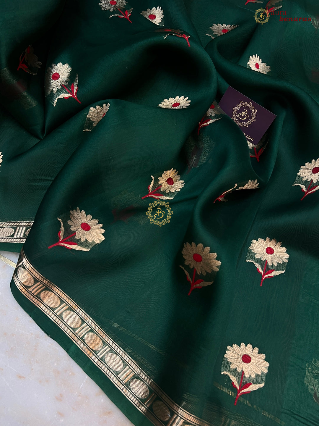 Bottal Green Kora Silk Banarasi Saree with Kadhwa Zari & Meenakari
