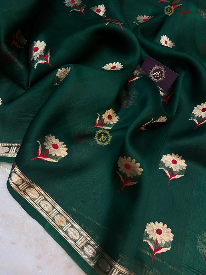 Bottal Green Kora Silk Banarasi Saree with Kadhwa Zari & Meenakari