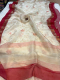 White Banarasi Handloom Kora Silk Saree - Aura Benaras