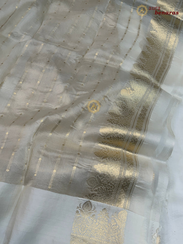 Cream Pure Kora Silk Banarasi Saree with Zari Butas & Border