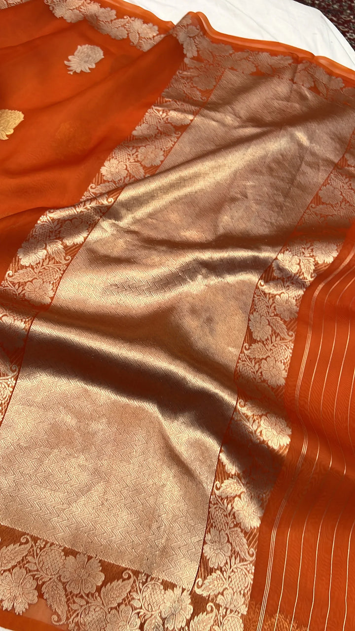 Orange Pure Kora Silk Handloom Banarasi Saree