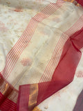 White Banarasi Handloom Kora Silk Saree - Aura Benaras