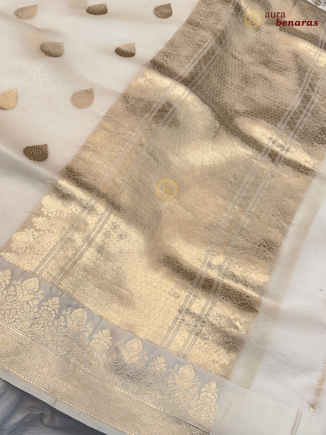 Cream Pure Kora Silk Banarasi Saree with Zari Butas & Border