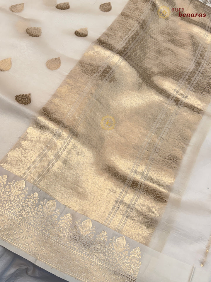 Cream Pure Kora Silk Banarasi Saree with Zari Butas & Border