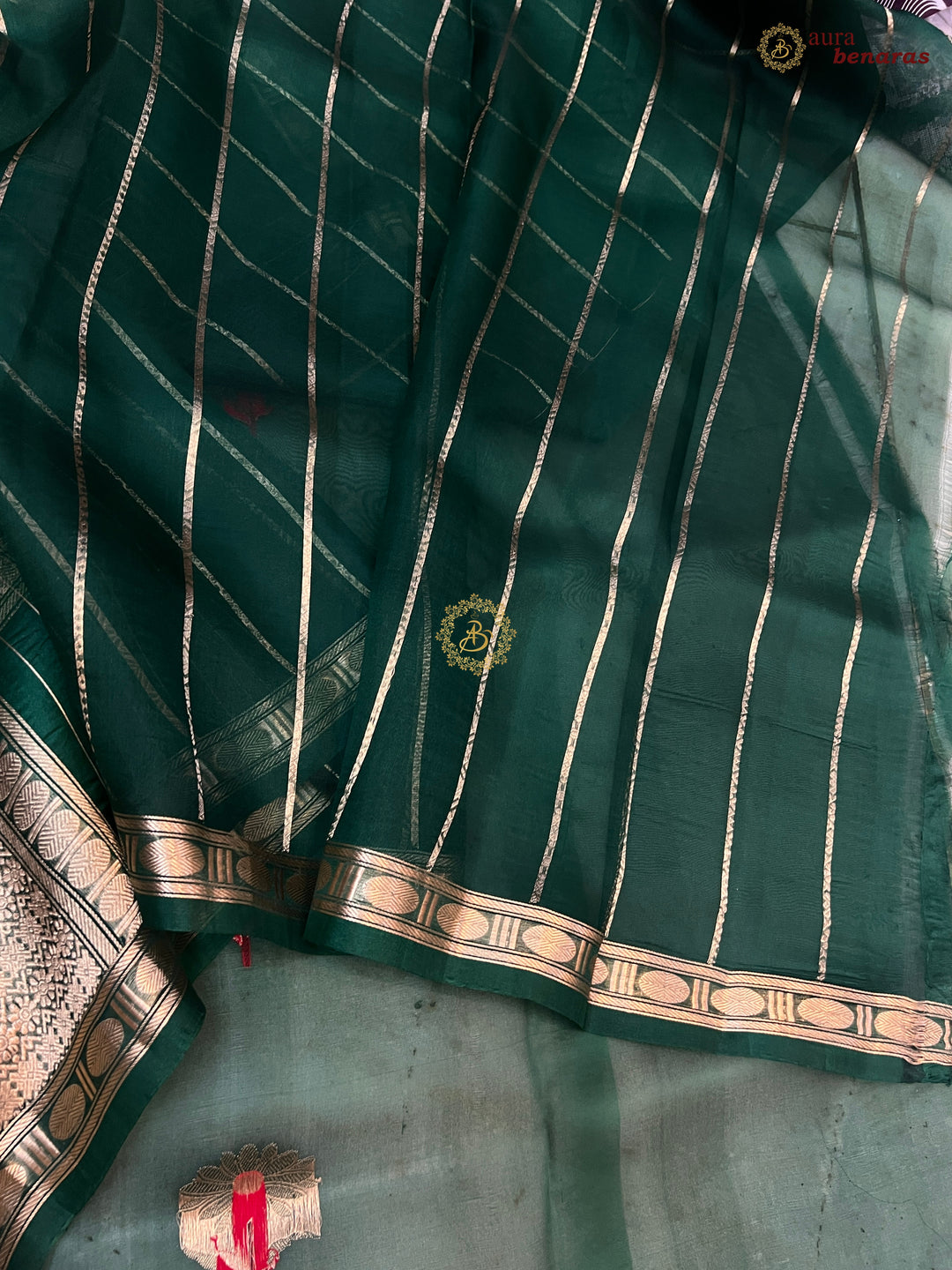 Bottal Green Kora Silk Banarasi Saree with Kadhwa Zari & Meenakari