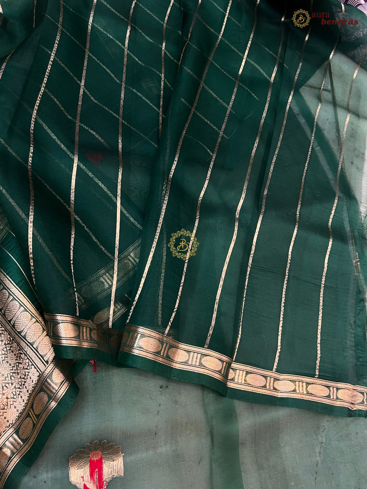 Bottal Green Kora Silk Banarasi Saree with Kadhwa Zari & Meenakari
