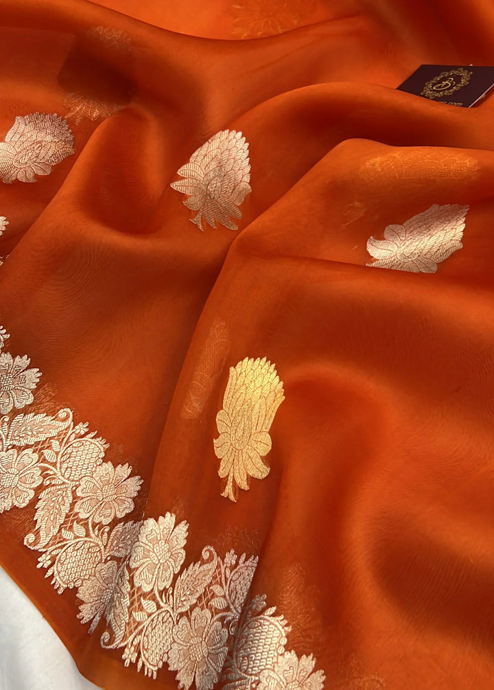 Orange Pure Kora Silk Handloom Banarasi Saree