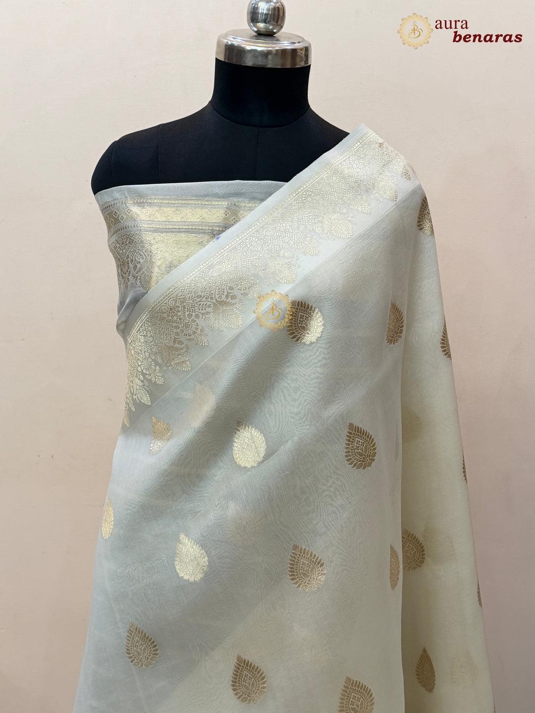 Cream Pure Kora Silk Banarasi Saree with Zari Butas & Border