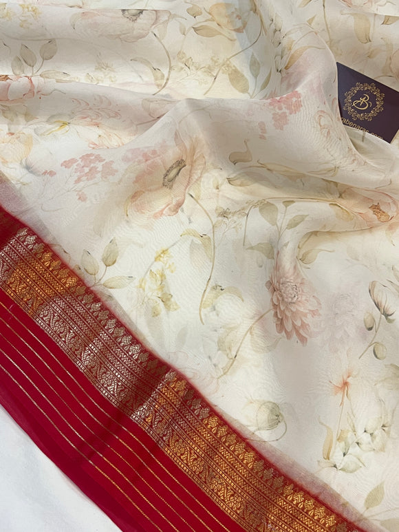 White Banarasi Handloom Kora Silk Saree - Aura Benaras