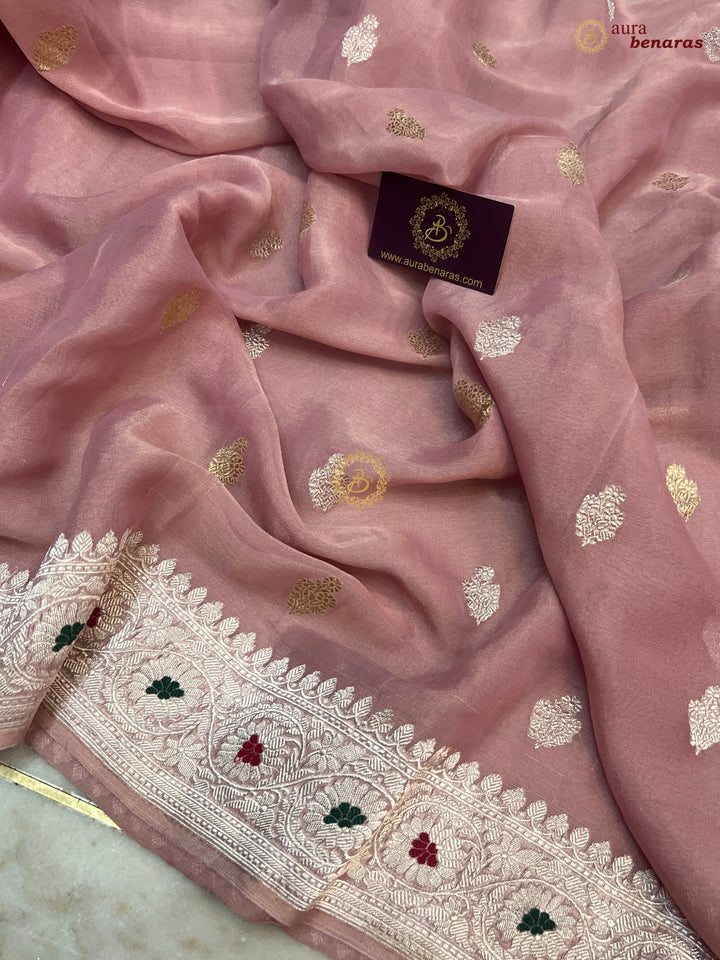 Peaches Pink Chiffon Tissue Silk Banarasi Saree with Sona Rupa