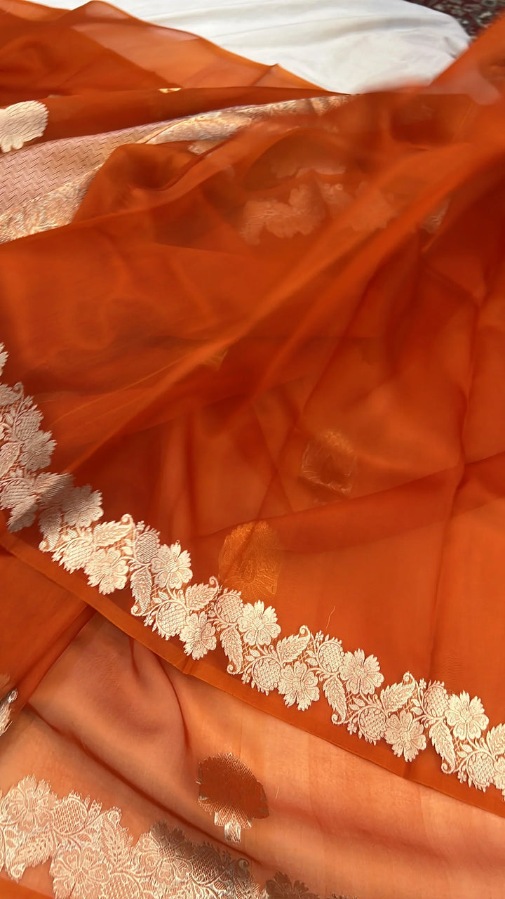 Orange Pure Kora Silk Handloom Banarasi Saree