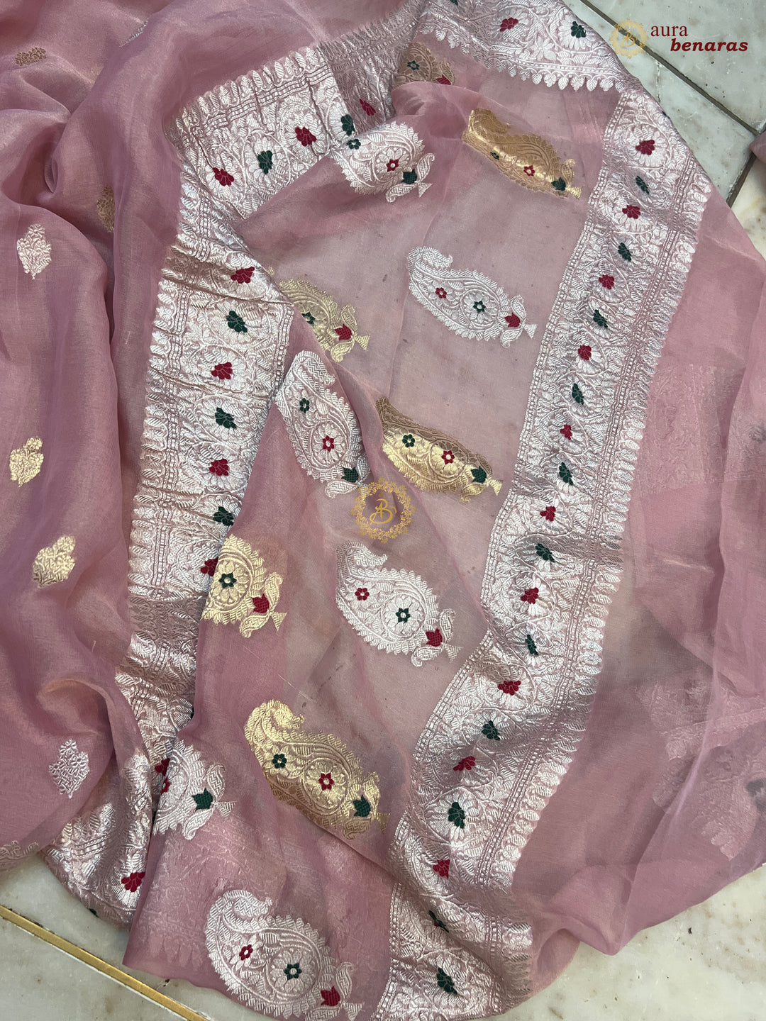 Peaches Pink Chiffon Tissue Silk Banarasi Saree with Sona Rupa