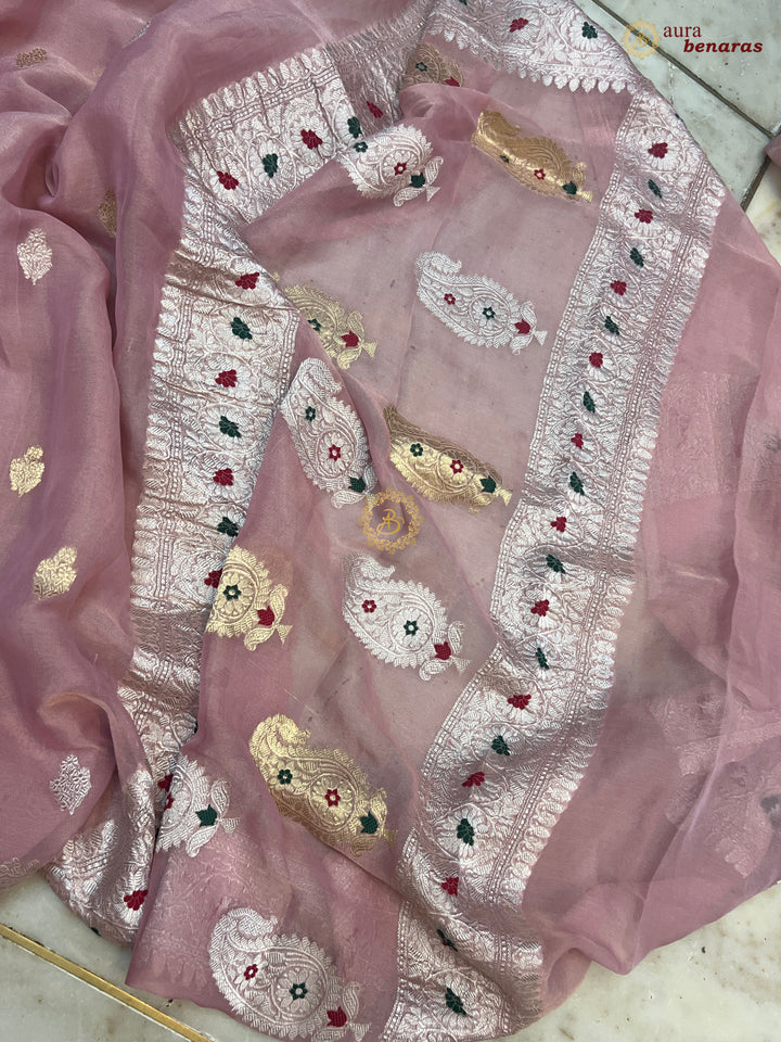 Peaches Pink Chiffon Tissue Silk Banarasi Saree with Sona Rupa