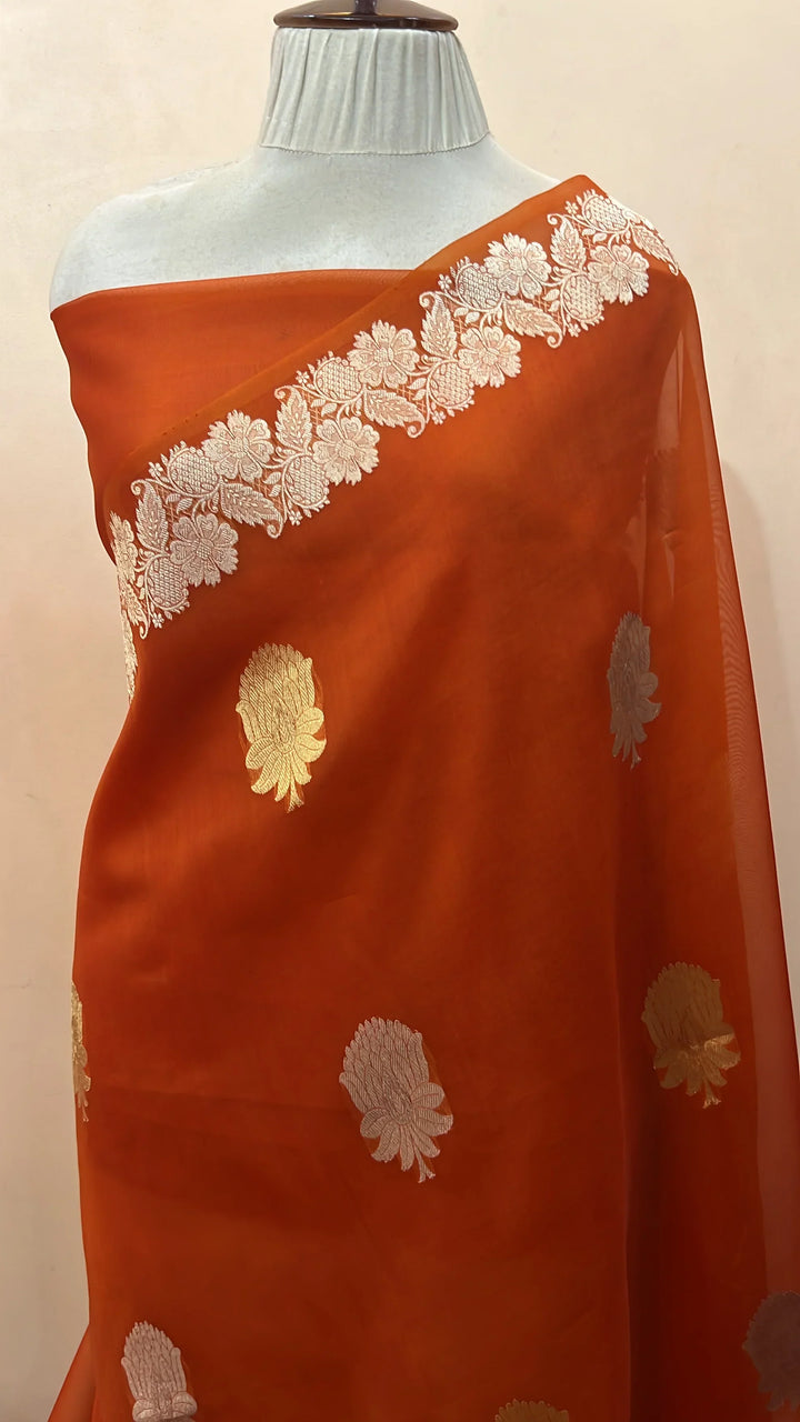 Orange Pure Kora Silk Handloom Banarasi Saree