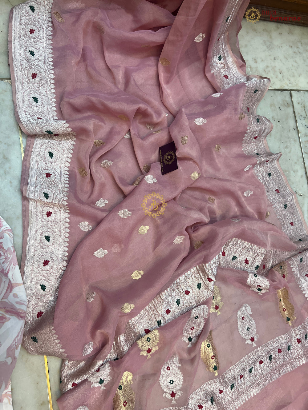 Peaches Pink Chiffon Tissue Silk Banarasi Saree with Sona Rupa