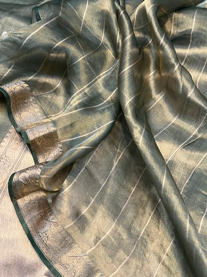 Bottle Green Banarasi Handloom Organza Tissue Silk Saree - Aura Benaras