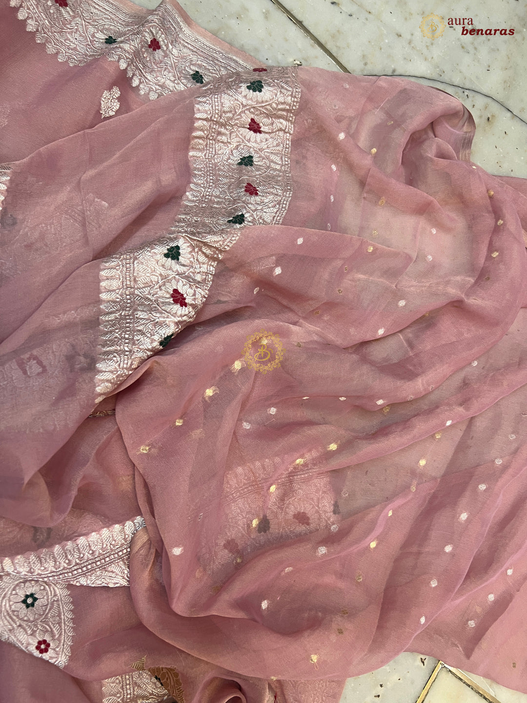 Peaches Pink Chiffon Tissue Silk Banarasi Saree with Sona Rupa